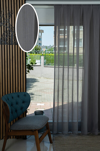 Elen's Natural Antrasit Flamlı Efektli Keten Özel Ütü İstemez Kalın Tül Perde...