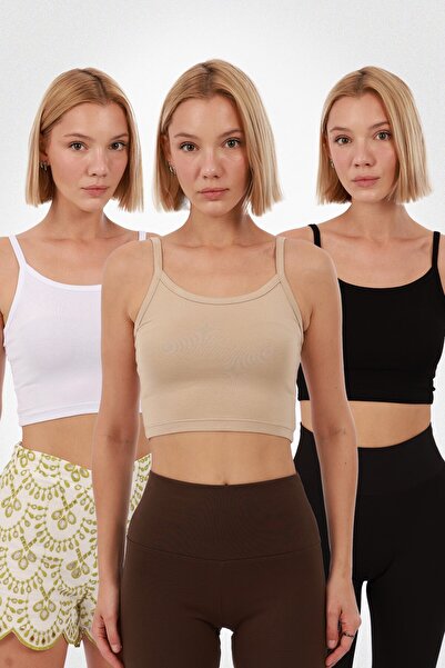 Yade Fashion Kadın Askılı Crop 3’lü Set – Siyah Beyaz Ekru