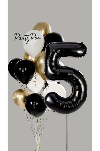 PartyPoo Black Number Foil Gold Metallic Balloon Set of 10 Birthday Balloon Set