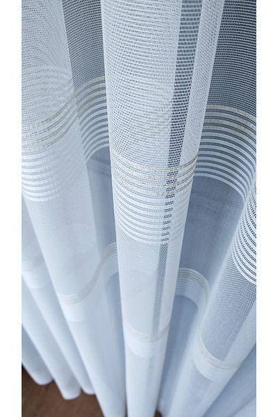 Yuka Gold Stripe Detail Horizontal Stripes 1/3 Tight Pleated Tulle Curtain No Wrinkle Ironing