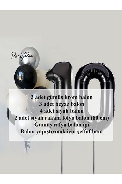 PartyPoo Black Number Foil Silver Metallic Balloon Set 10-Piece Birthday Balloon Set