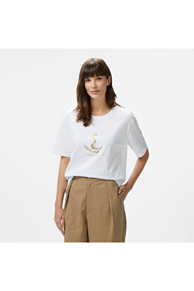 Nautica Kadın Beyaz Regular Fit Nakışlı T-Shirt