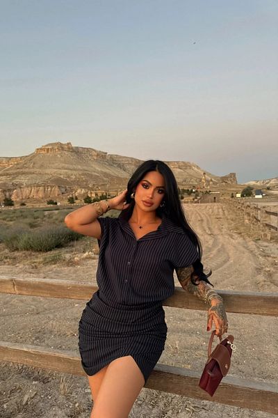 MOZENA Striped Mini Shirred Shirt Dress