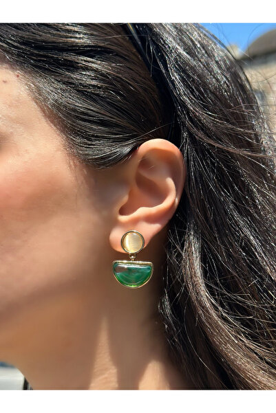 Usho Jewelry ZEGA Yeşil Taş Şık Küpe, Gümüş Kaplama Kadın Küpe