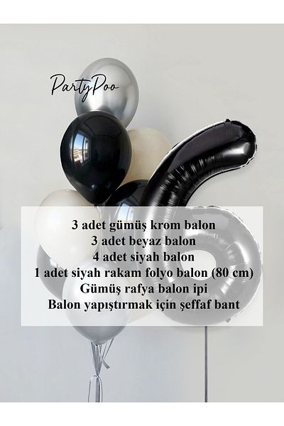 PartyPoo Black Number Foil Silver Metallic Balloon Set 10-Piece Birthday Balloon Set