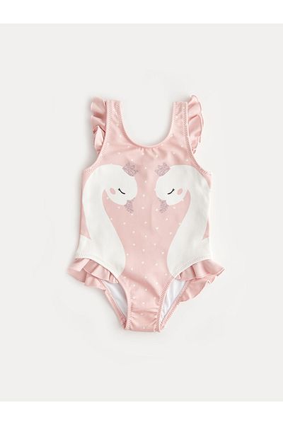 LC Waikiki Lcw Eco Pink U-Neck Patterned Baby Girl Swimsuit