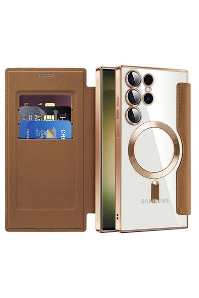 SKYDDAR INNOVATION Case for Samsung Galaxy S23 Ultra, SmartMag Book, Magsafe, RFiD, Card Holder, sticker set, Brown