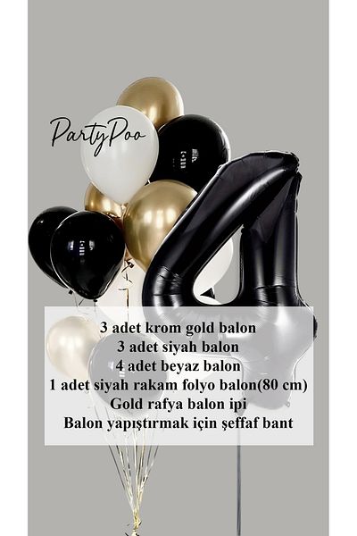 PartyPoo Black Number Foil Gold Metallic Balloon Set of 10 Birthday Balloon Set