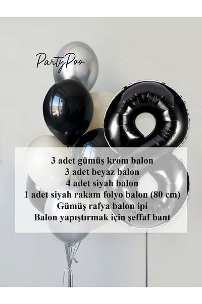 PartyPoo Black Number Foil Silver Metallic Balloon Set 10-Piece Birthday Balloon Set
