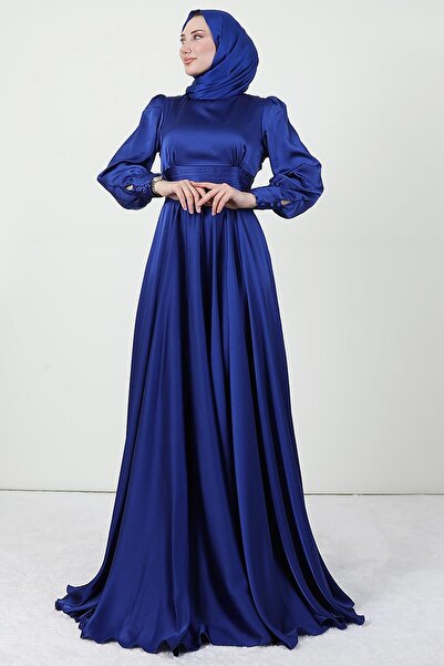 GİYZAMİLA Beli Pileli Saten Abiye Saks