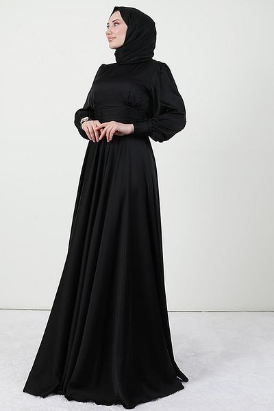 GİYZAMİLA Pleated Waist Satin Evening Dress Black