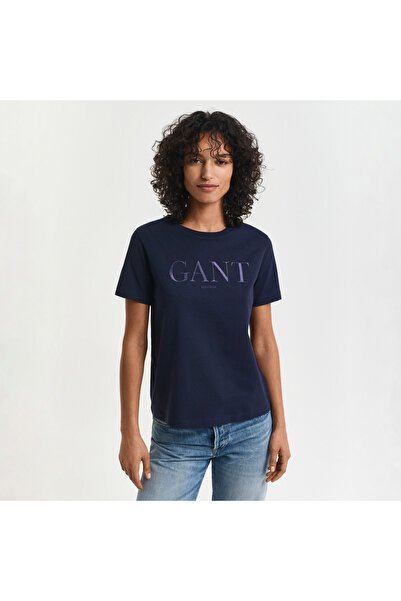 Gant Kadın Lacivert Regular Fit Bisiklet Yaka Logolu T-Shirt
