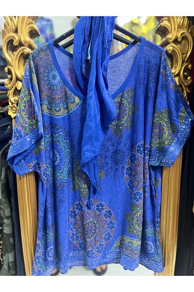Butik Ayseba Italian Blouse Tie Dye Pattern Sequin Detailed Blouse with Shawl
