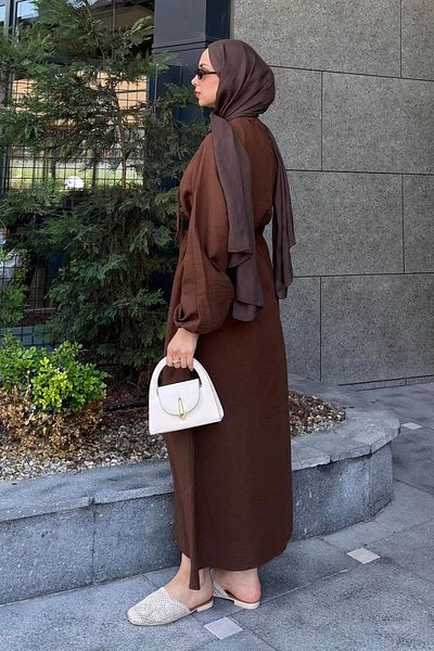 lamelif Balloon Sleeve Tie Hijab Dress Bitter Brown