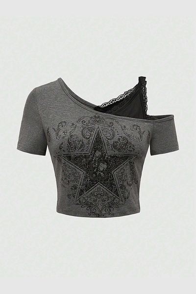 Karakedi Smoked Gothic Star Y2K Short Sleeve Crop with Additional Strap