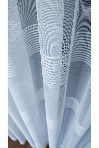 Yuka White Stripe Detail Horizontal Stripes 1/3 Tight Pleated Tulle Curtain No Wrinkle Ironing