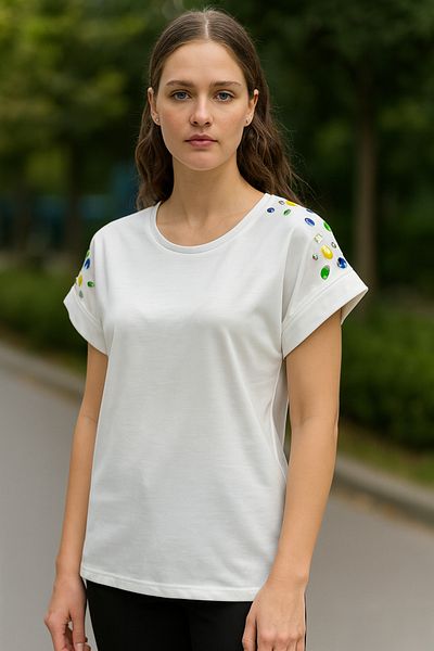 My Blog White Shoulder Bead Detailed Tshirt