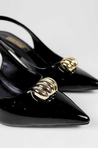 NiceDiffer Women's Black Patent Leather Gold Buckle Detailed Stiletto Classic Comfortable Heeled Shoes 7cm