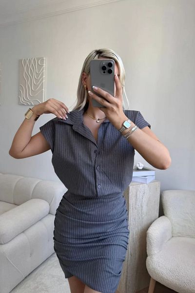 MOZENA Striped Mini Shirred Shirt Collar Dress