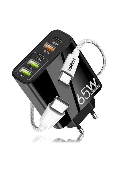 Timebox Mains Charger, 5 Ports, 65W Fast Charge, 3 x USB, 2 x Type-C, USB-C Data Cable Included