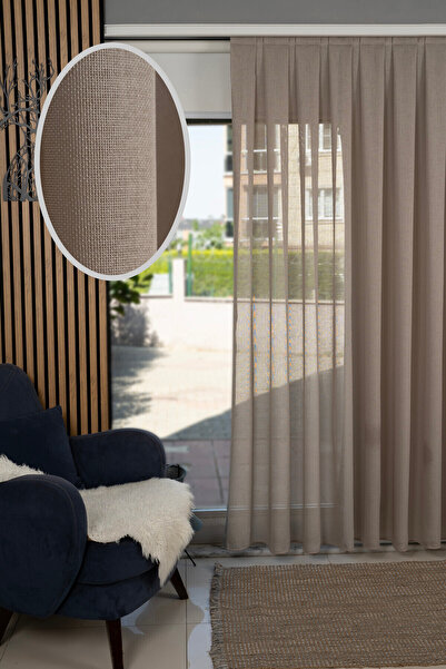 Elen's Şık Kaliteli Gramajlı Kristal Keten Kahve Salon Mutfak Yatak Odası Tül Perde 1/2 Pileli Zet