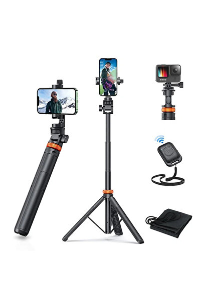 OEM 2-in-1 Telescopic Photo Tripod for Phone, Camera and GoPro with Remote Control and Bag, Black