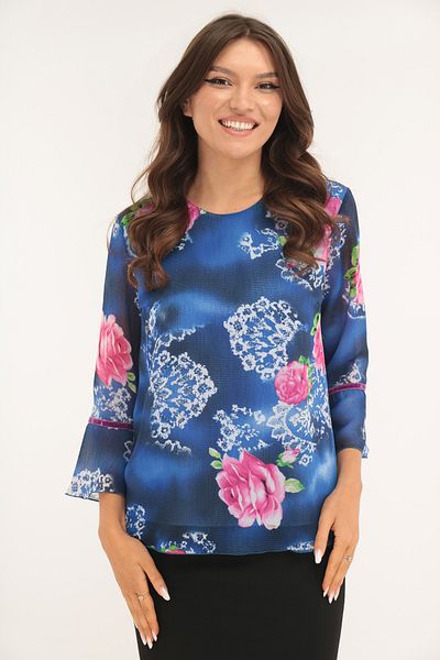 Vanessa Line RO Blue blouse with pink maxi flowers and ruffles on the sleeves