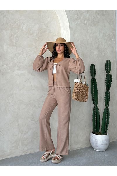 onlymoon tekstil Women's Clothing Tie-Up Linen Suit, Bottom Top Suit,2-Piece Suit