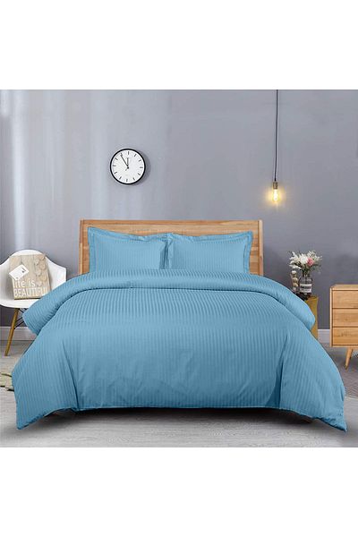 Five Store Lenjerie de pat pentru o persoana, Elegance, bumbac damasc, dunga 1cm, albastru celest, 3 piese