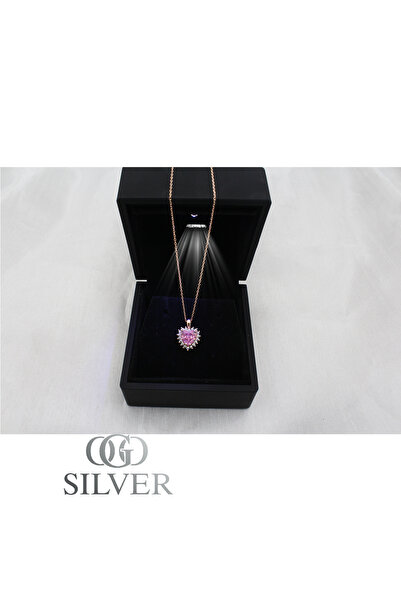 OGO SİLVER 925 Ayar Gümüş Işıklı Kutuda Pırlanta Montürlü Pembe Taşlı Rose Ka...
