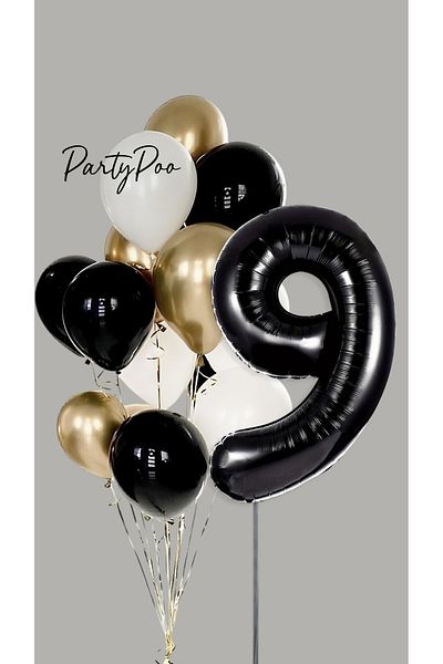 PartyPoo Black Number Foil Gold Metallic Balloon Set of 10 Birthday Balloon Set