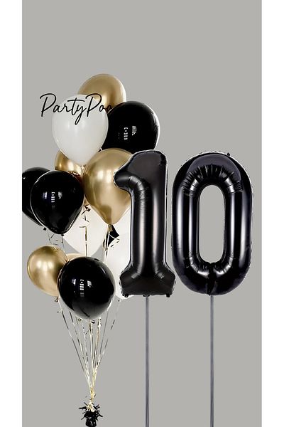 PartyPoo Black Number Foil Gold Metallic Balloon Set of 10 Birthday Balloon Set