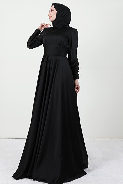 GİYZAMİLA Beli Pileli Saten Abiye Siyah