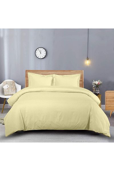Five Store Lenjerie de pat pentru o persoana cu husa elastic, Elegance, damasc dunga 1cm, vanilie, 3 piese