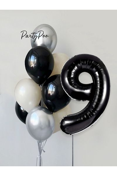 PartyPoo Black Number Foil Silver Metallic Balloon Set 10-Piece Birthday Balloon Set