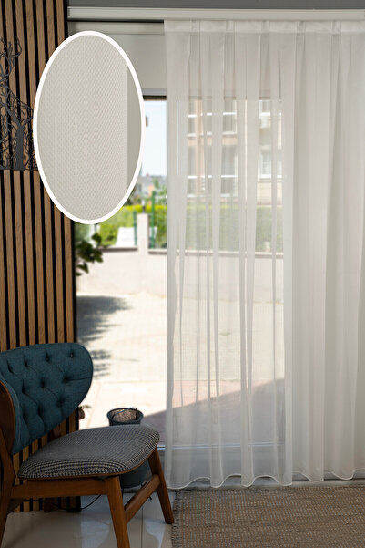 Elen's Modern Dökümlü Saloın Tül Perde Ekru Beyaz Ütü İstemez Tül Perde 1/2 P...