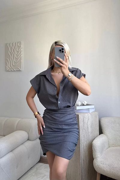 MOZENA Striped Mini Shirred Shirt Collar Dress