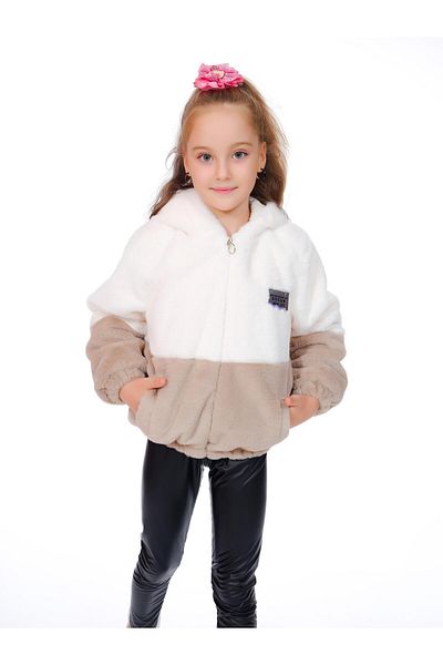 Kamex Two Color Plush Coat with Zipper and Welsoft Inside Beige White