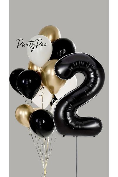 PartyPoo Black Number Foil Gold Metallic Balloon Set of 10 Birthday Balloon Set