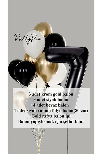 PartyPoo Black Number Foil Gold Metallic Balloon Set of 10 Birthday Balloon Set