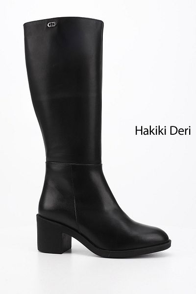 GÖNDERİ(R) حذاء نسائي/بنات أسود بسحاب وكعب سميك من الجلد الطبيعي