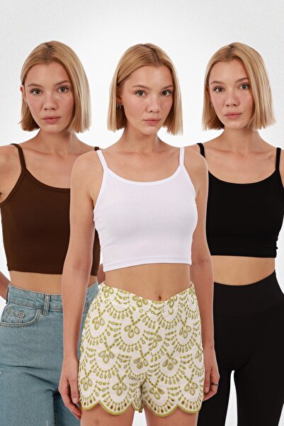 Yade Fashion Kadın Askılı Crop 3’lü Set – Kahverengi Beyaz Siyah