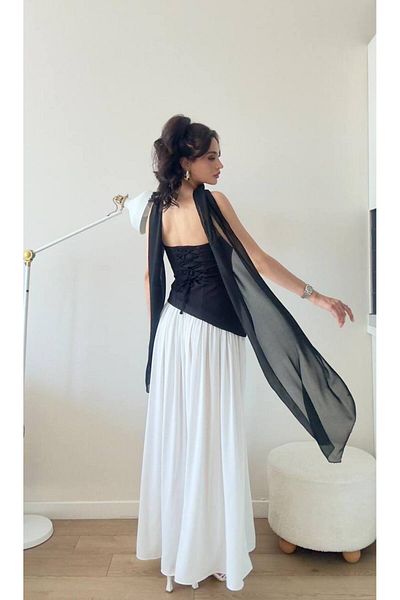 LOCH BUTİK Γυναικείο Μαύρο Φόρεμα Midi Slit με Σάλι