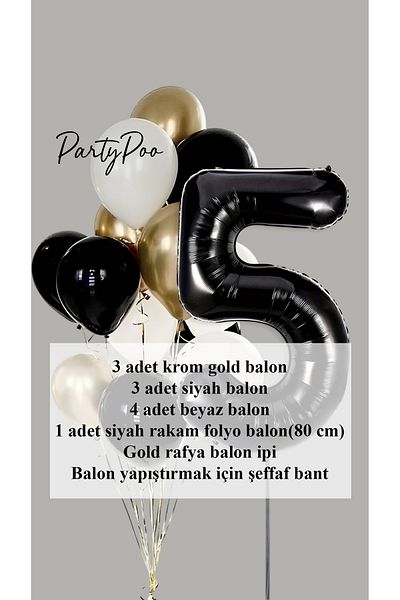 PartyPoo Black Number Foil Gold Metallic Balloon Set of 10 Birthday Balloon Set