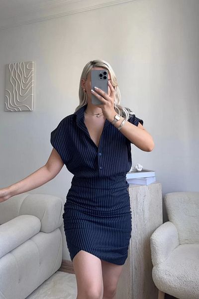 MOZENA Striped Mini Shirred Shirt Collar Dress
