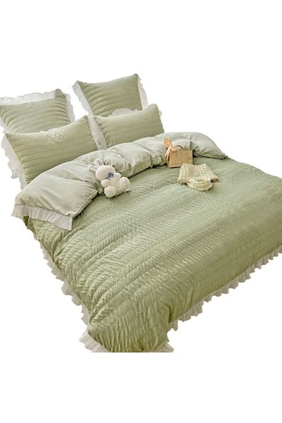 OEM Double Bed Creponated Bedding Set, Cotton, 6 Pieces, Mint Green