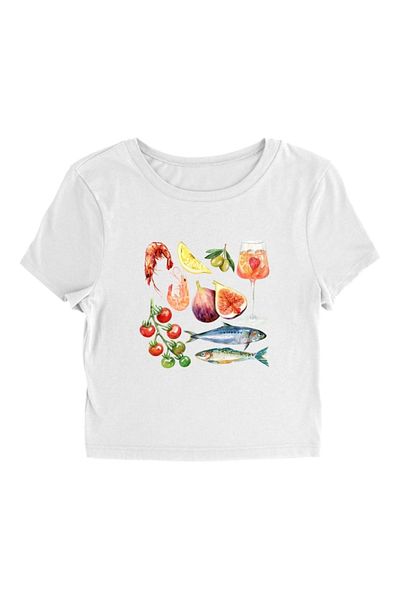 aynewmoda Mediterranean Cuisine T-Shirt Featuring Shrimp, Seafood, Fig, Fish, Tomato and Aperol Spritz
