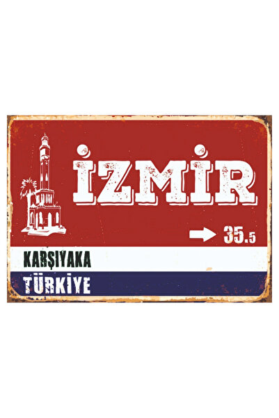 Komut İzmir Karşıyaka Temalı 35.5 Yazılı Ahşap Retro Poster Tablo