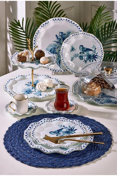 Onedekor 34 Piece Blue Bird Gilded Cake Tea Serving Set for 6 People