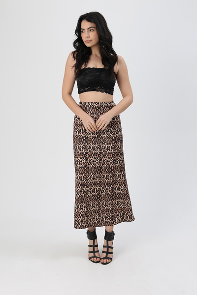 LUFES Polenista Leopar Desenli Likralı Beli Lastikli Dalgıç Kumaş Etek Maxi Boy